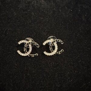 CHANEL Silver Crystal Tweed Logo Earrings
